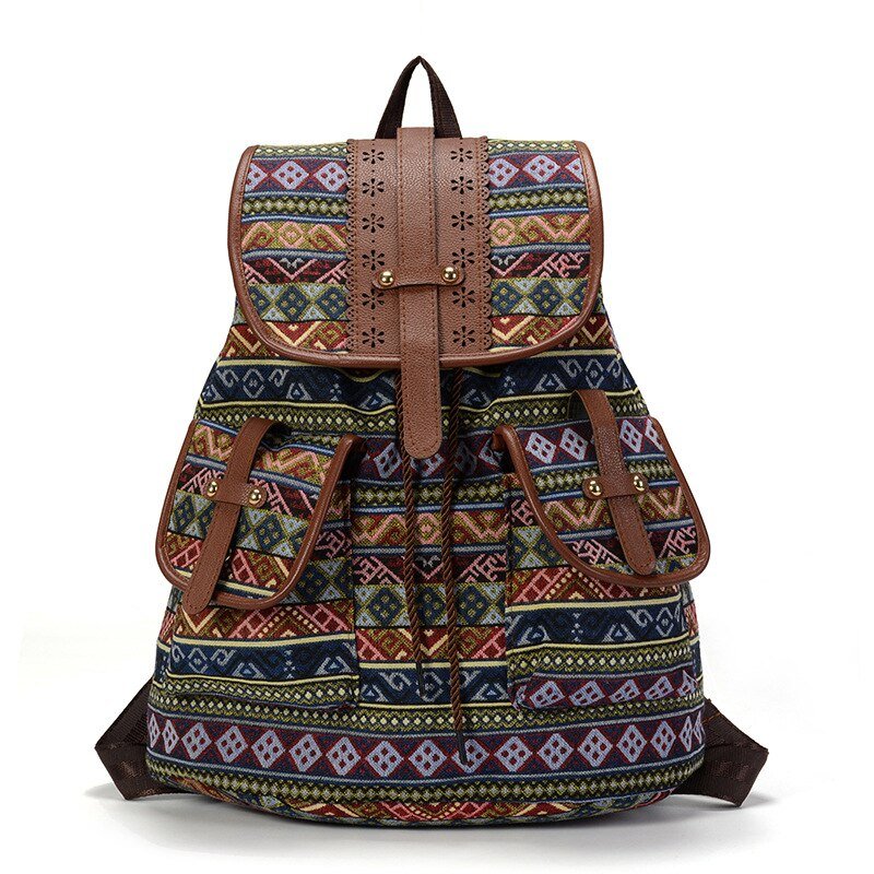 Sac à dos femme en toile imprimée avec motif géométrique coloré et accents en faux cuir marron
