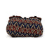 Sac à dos femme en toile imprimée avec motif géométrique bleu rouge beige et accents en cuir marron