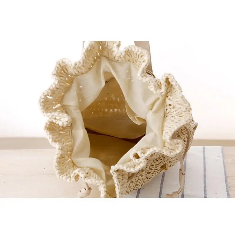 Sac à dos femme paille en paille crème avec haut froncé et doublure en tissu