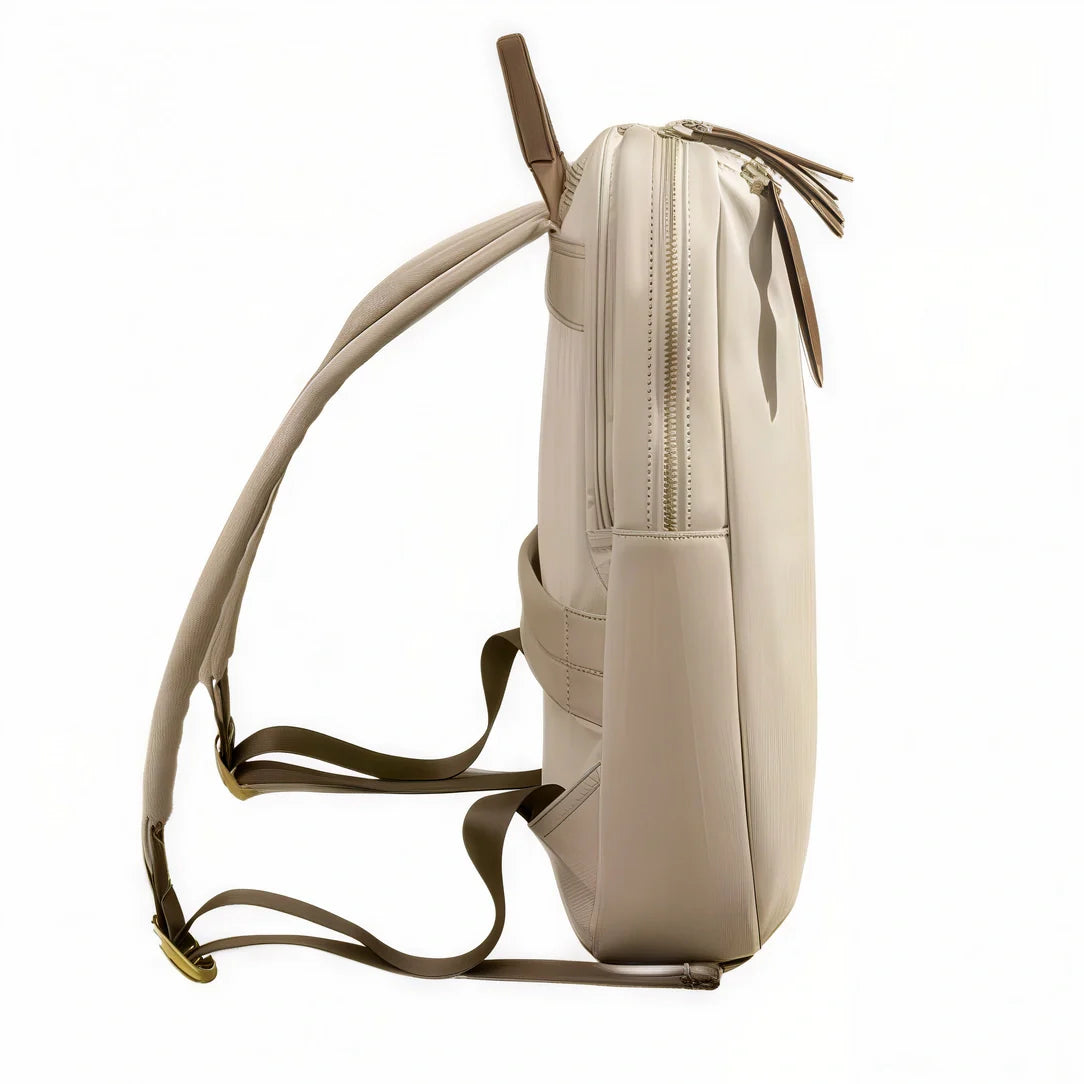 Sac à dos femme beige Transit PC 14 pouces, zip et sangles dorés, design minimaliste
