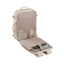 Sac à dos femme voyage cabine beige ouvert avec compartiments et housse pour ordinateur