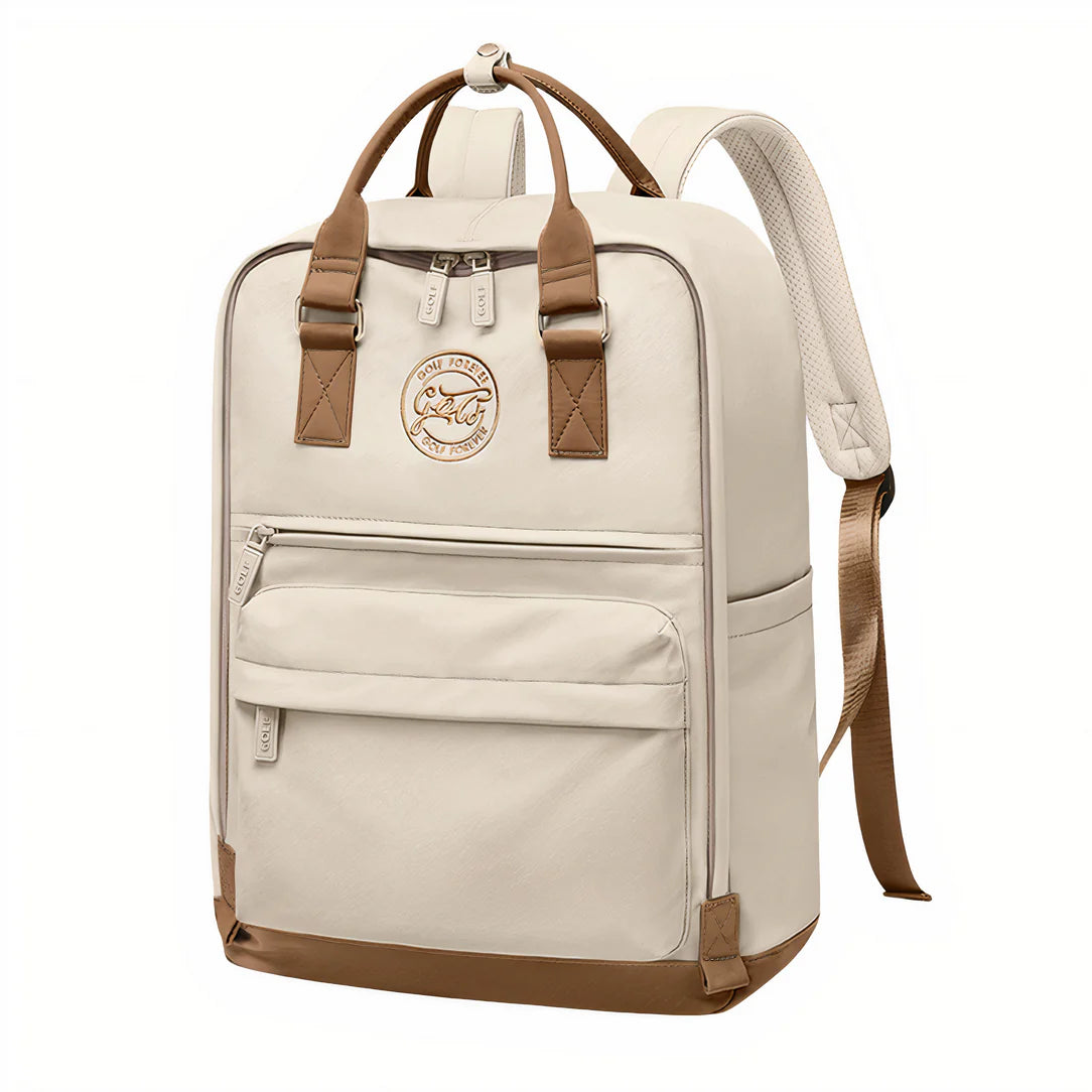 Sac à dos Golf Boréal crème avec accents marron et détails en cuir, fermeture centrale