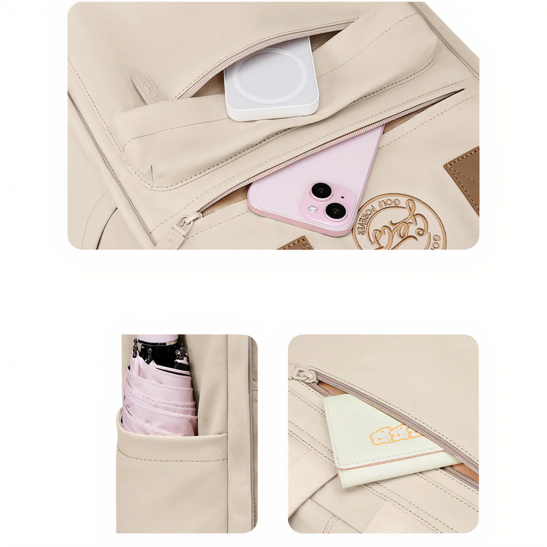 Sac à dos Golf Boréal en beige matelassé avec plusieurs poches et logo patch