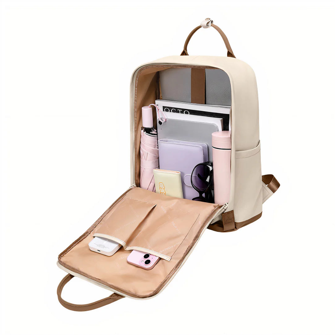 Sac à dos Golf Boréal en toile beige avec accents en cuir marron et multiples poches