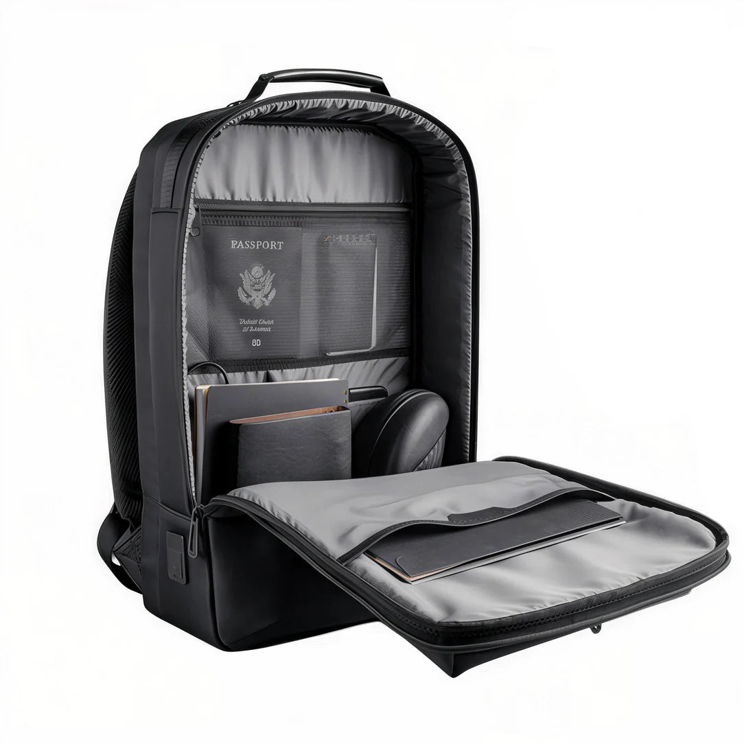 Sac à dos homme business noir avec compartiments rembourrés et panneaux latéraux en maille