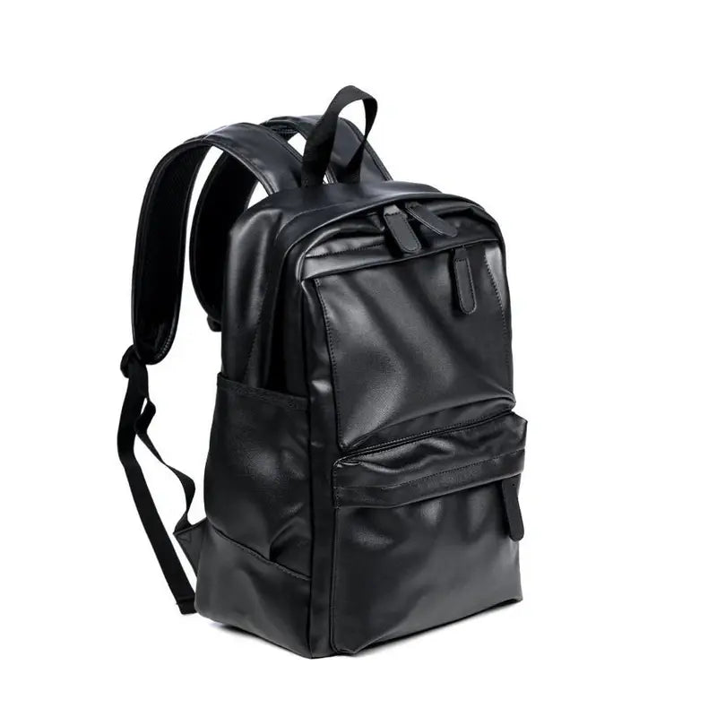Sac à dos homme cuir noir en faux cuir avec plusieurs compartiments zippés et bretelles ajustables