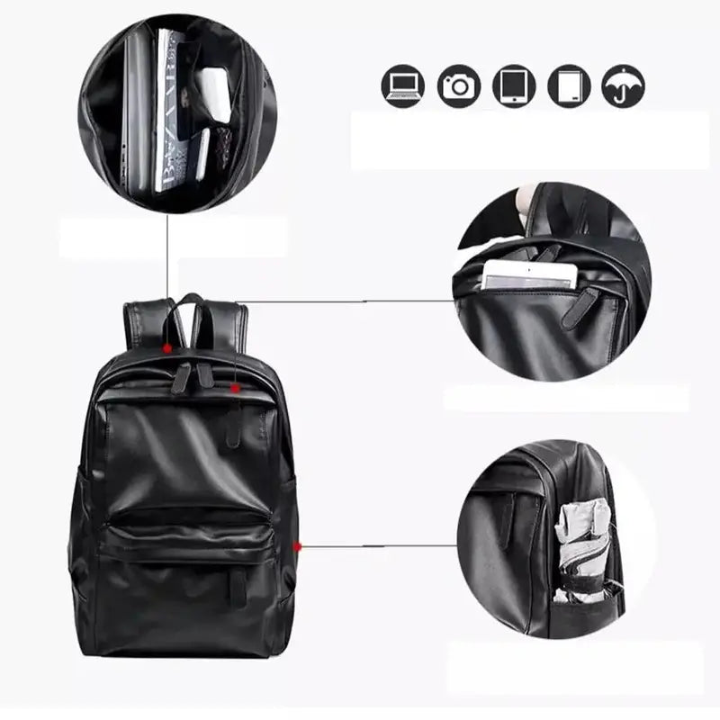 Sac à dos homme cuir noir en faux cuir avec plusieurs compartiments pour électroniques