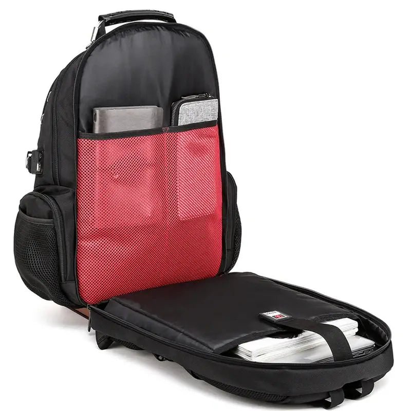 Sac à dos homme de ville noir avec compartiments, poche laptop rembourrée et poches internes