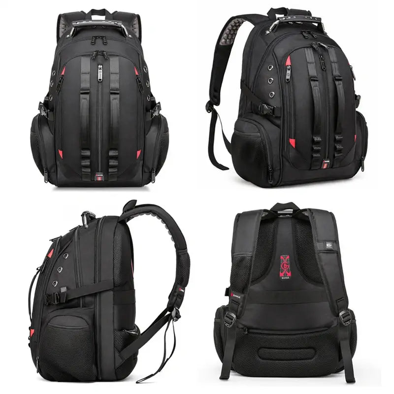 Sac à dos homme de ville noir à plusieurs compartiments avec accents rouges et bretelles rembourrées