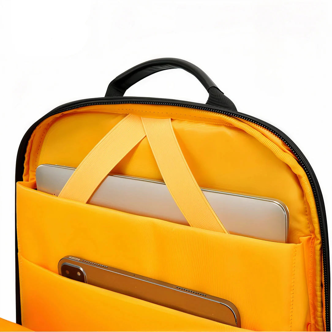 Étui jaune pour ordinateur portable avec bordure et sangles noires, tissu durable