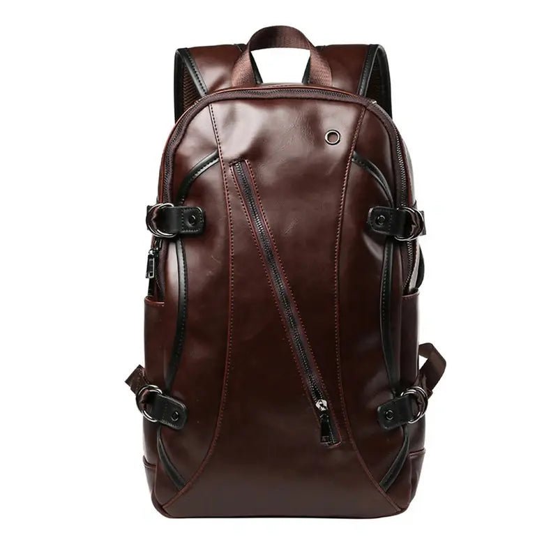 Sac à dos homme en cuir marron avec plusieurs fermetures éclair et boucles