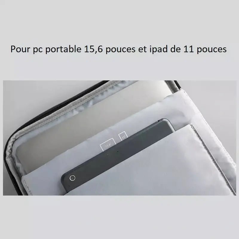 Sac à dos homme ordinateur 15 pouces avec housse gris clair, compartiments et fermeture éclair