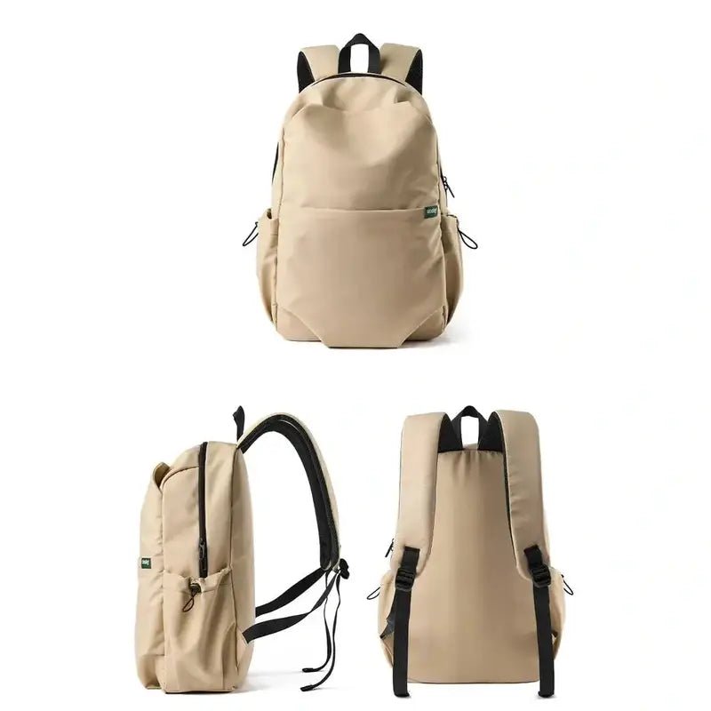 Sac à dos homme tendance beige avec bretelles noires vue de face, côté et dos