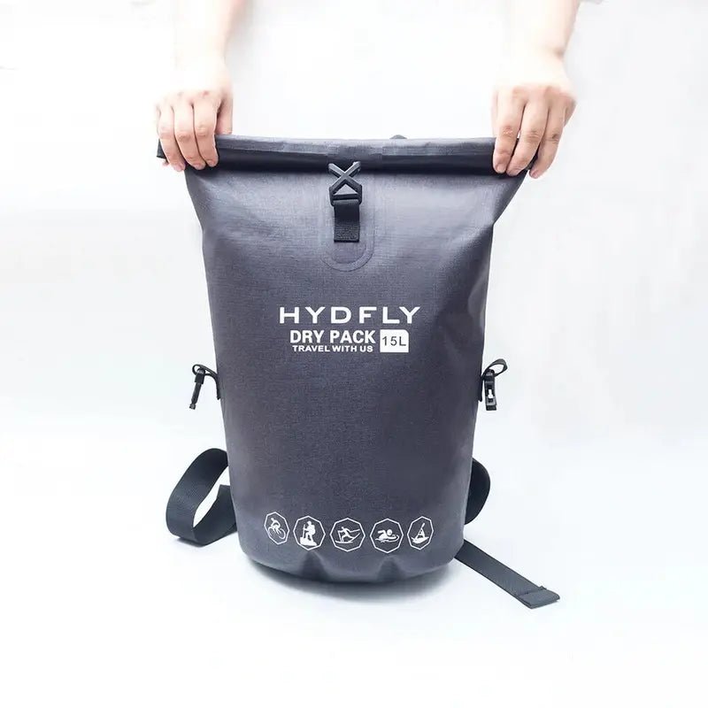 Sac à dos imperméable 15 litres en gris foncé avec rouleau et bretelles de transport