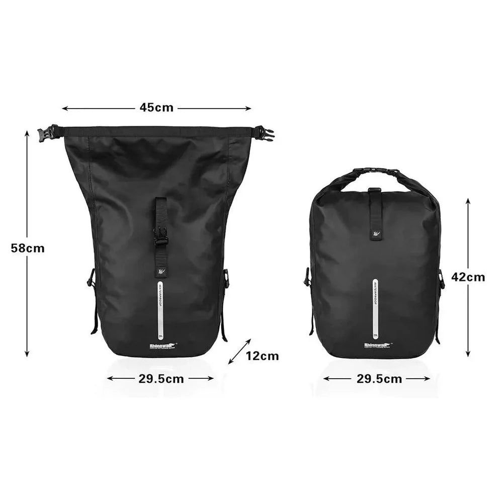 Deux sacs à vélo noirs imperméables avec dimensions indiquées pour Sac à dos vélo