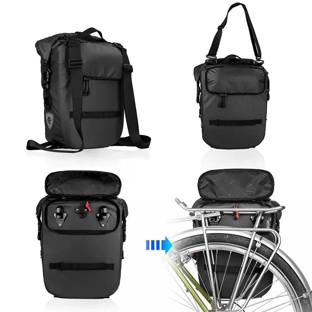Sac à dos imperméable vélo avec sacoches noires étanches, bandoulière et fixation rapide