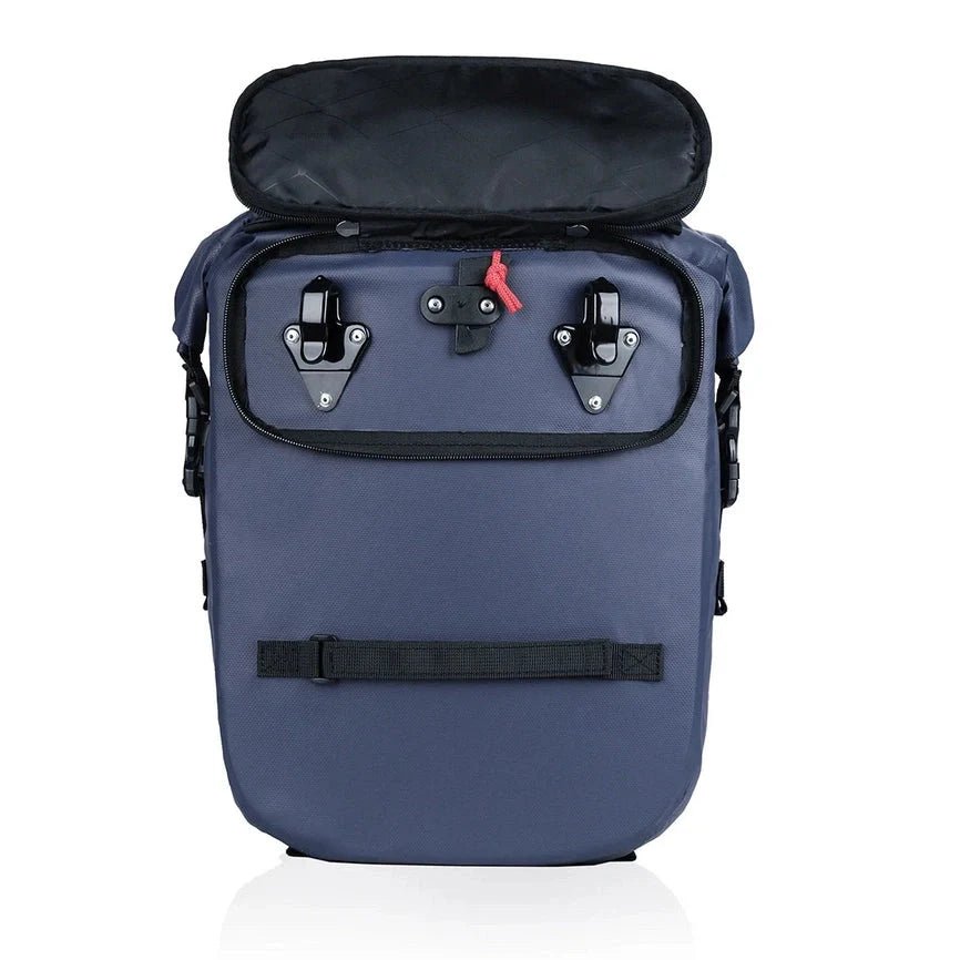 Sac à dos imperméable vélo avec sacoche arrière bleu foncé, rabat ouvert et crochets de fixation