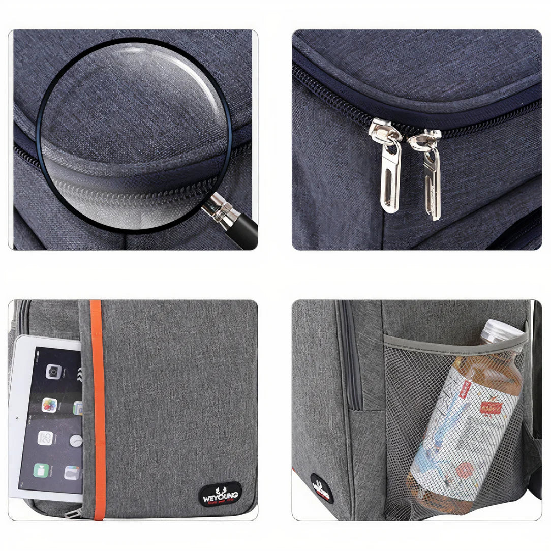 Sac à dos isotherme 20 litres en tissu gris avec plusieurs compartiments et poche en mesh