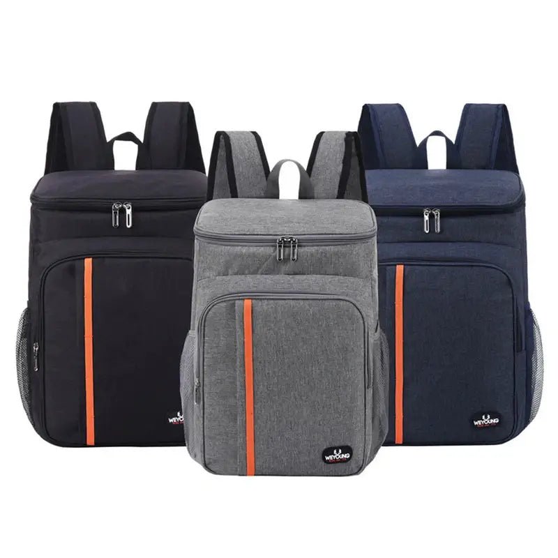 Sac à dos isotherme 20 litres avec trois sacs à dos isolants noir gris et marine avec rayures orange