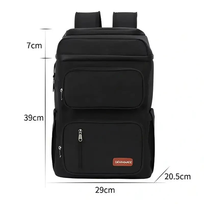 Sac à dos réfrigérant noir avec plusieurs compartiments et dimensions indiquées