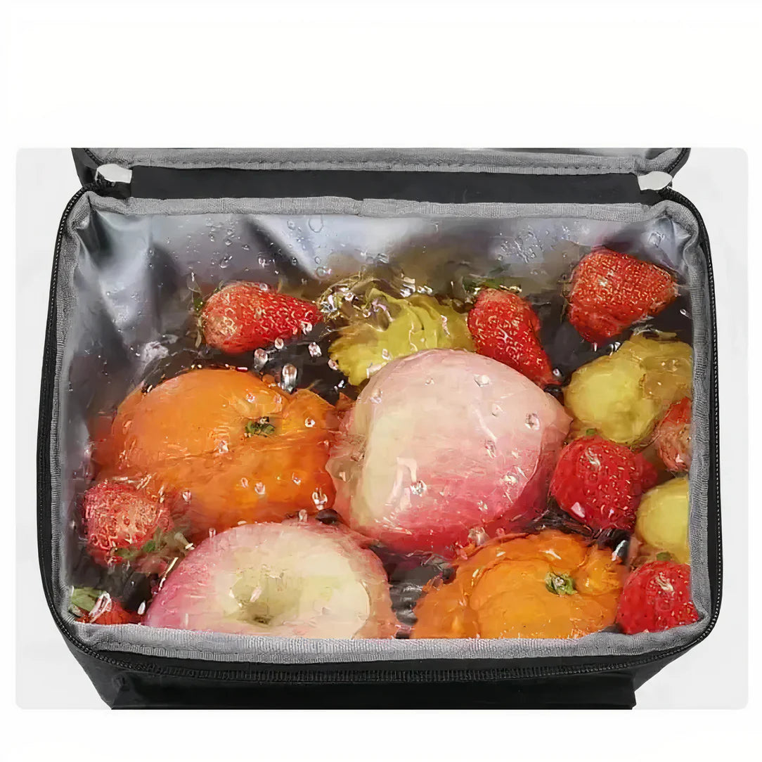 Sac à dos isotherme de travail 25L noir avec lunch bag rempli de fruits frais et glace