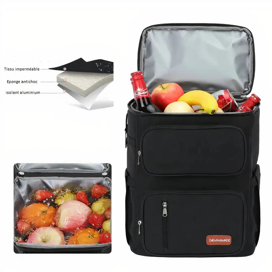 Sac à dos isotherme de travail 25L noir avec fruits et boissons à l’intérieur