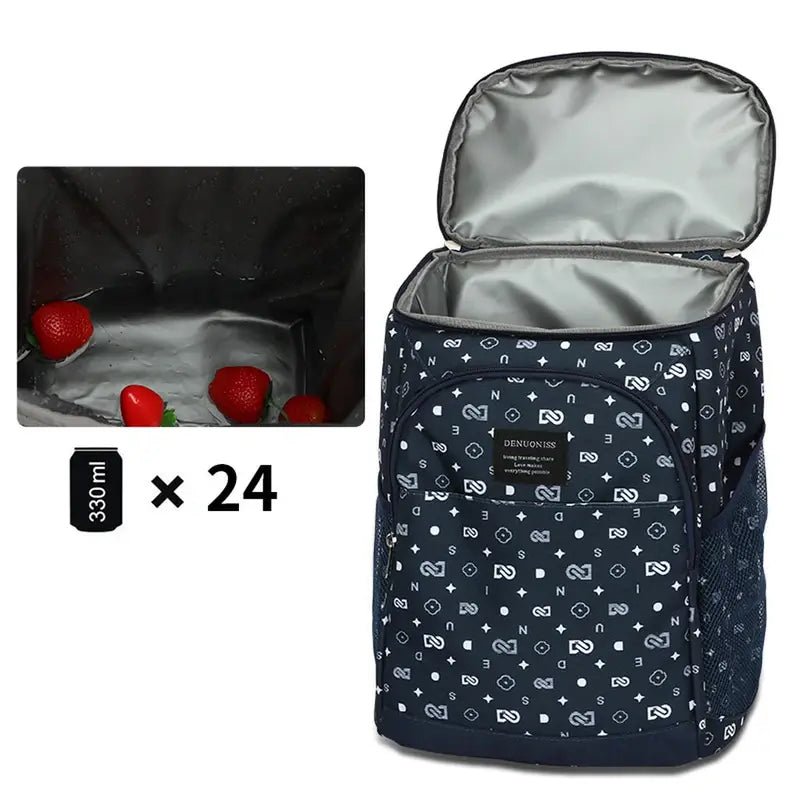 Sac à dos isotherme repas bleu foncé avec design, intérieur réfléchissant et poches latérales
