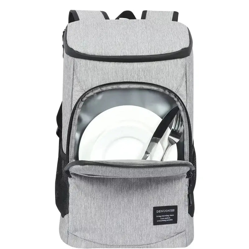 Sac à dos isotherme 30l gris avec vaisselle et couverts pour pique-nique