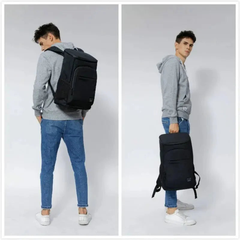 Deux vues du Sac à dos isotherme 30l noir avec poche frontale et roulettes