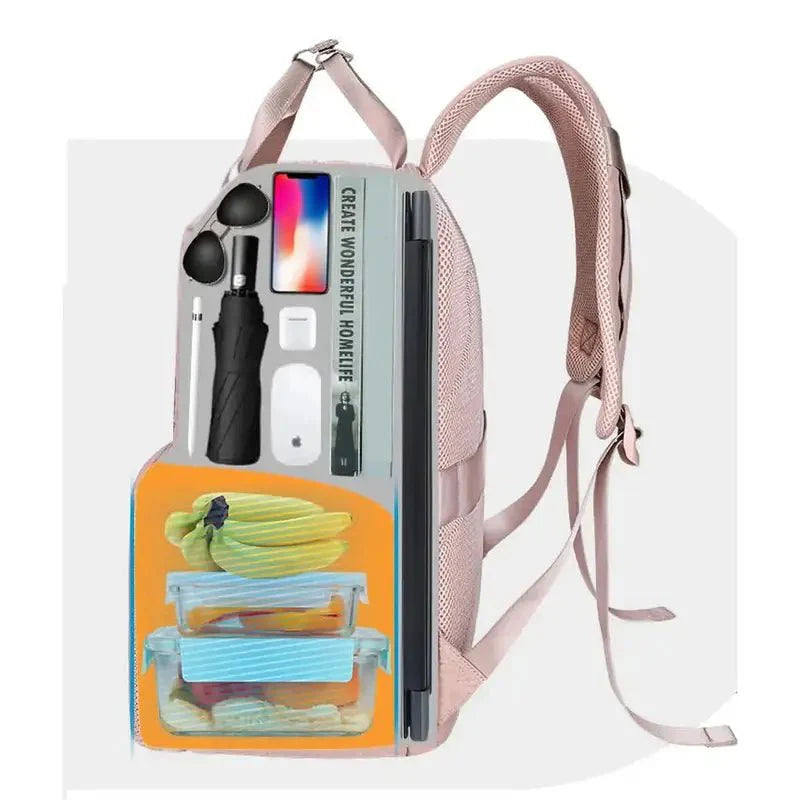 Sac à dos isotherme femme rose avec compartiments organisés pour électronique, nourriture et essentiels quotidiens