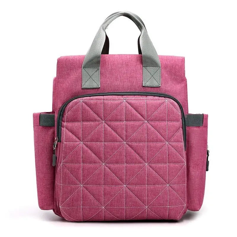 Sac à dos à langer bébé rose matelassé avec poignées et bordures grises