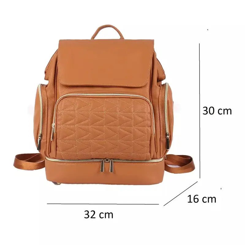 Sac à dos à langer cuir marron avec poche quiltée et fermetures éclair dorées