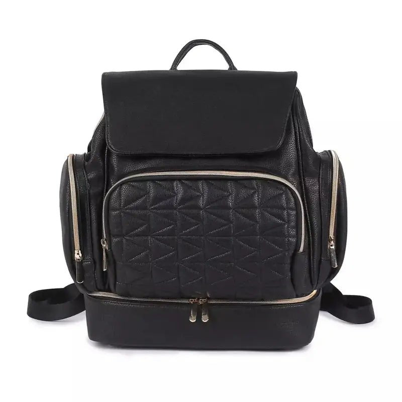 Sac à dos à langer en cuir noir avec poche quiltée et fermetures éclair argentées