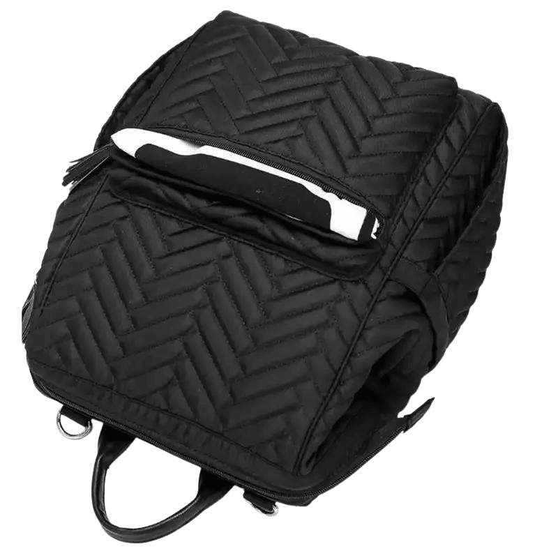 Sac à dos à langer design noir avec sangle à motif blanc et noir