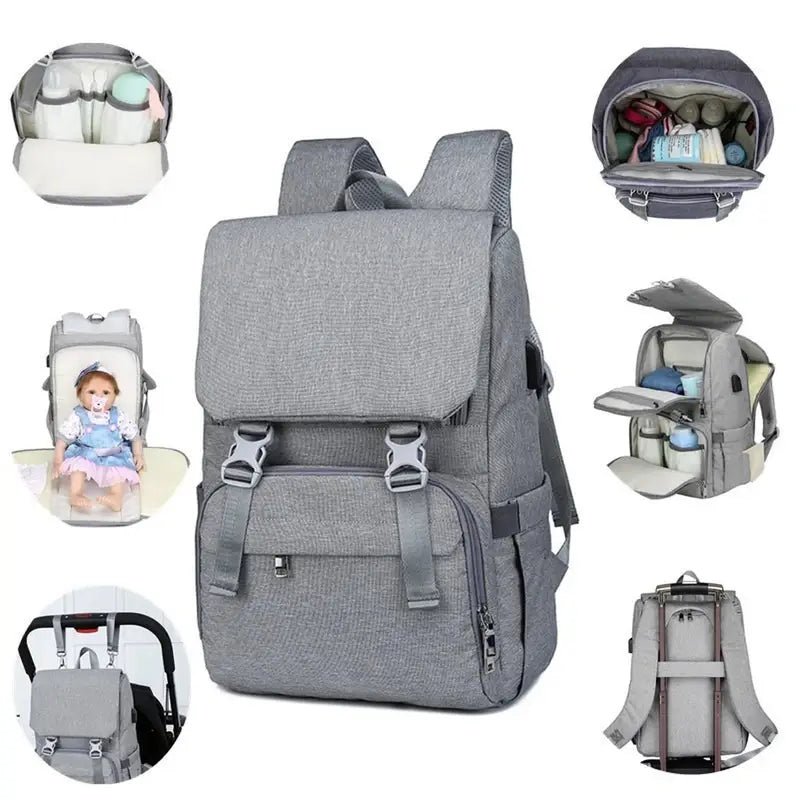 Sac à dos à langer ergonomique gris multifonction avec compartiments pour bébé