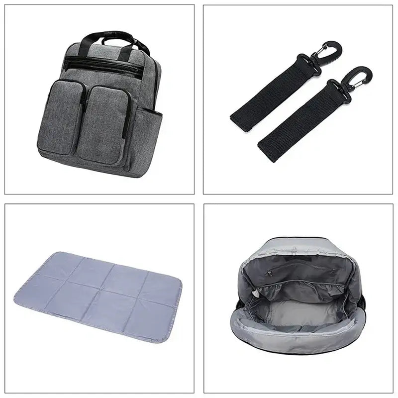 Sac à dos à langer gris avec accessoires pratiques pour bébé