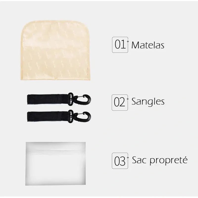 Matelas clair avec sangles noires, crochets en plastique et sac à dos à langer isotherme