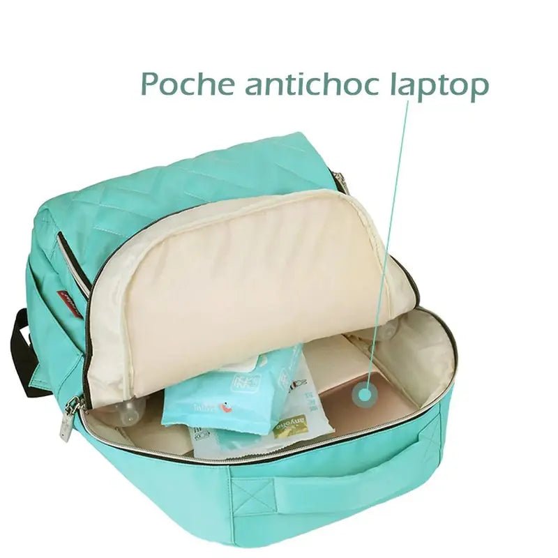 Sac à dos à langer isotherme vert menthe avec poche anti-choc pour ordinateur portable