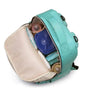 Sac à dos à langer isotherme teal ouvert avec biberons, bol bleu et accessoires bébé