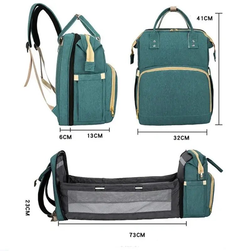 Sac à dos à langer lit vert convertible en berceau avec poches et bandoulière
