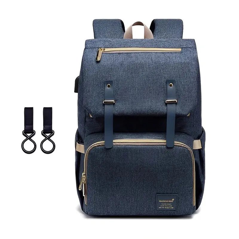 Sac à dos à langer Oxford navy bleu avec plusieurs compartiments, bretelles ajustables et crochets pour poussette