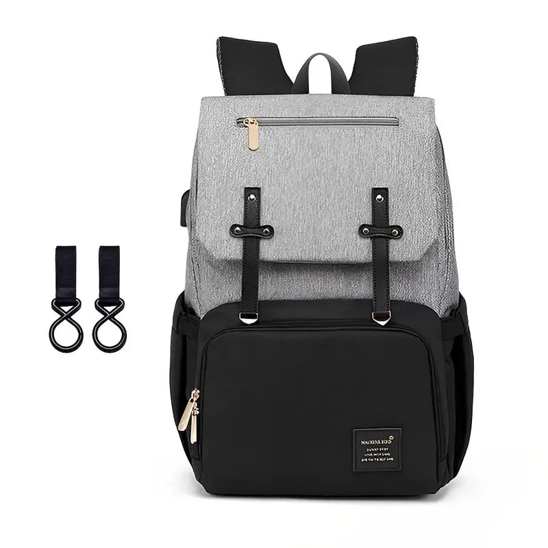 Sac à dos à langer oxford gris clair et noir avec port de chargement USB et attaches pour poussette