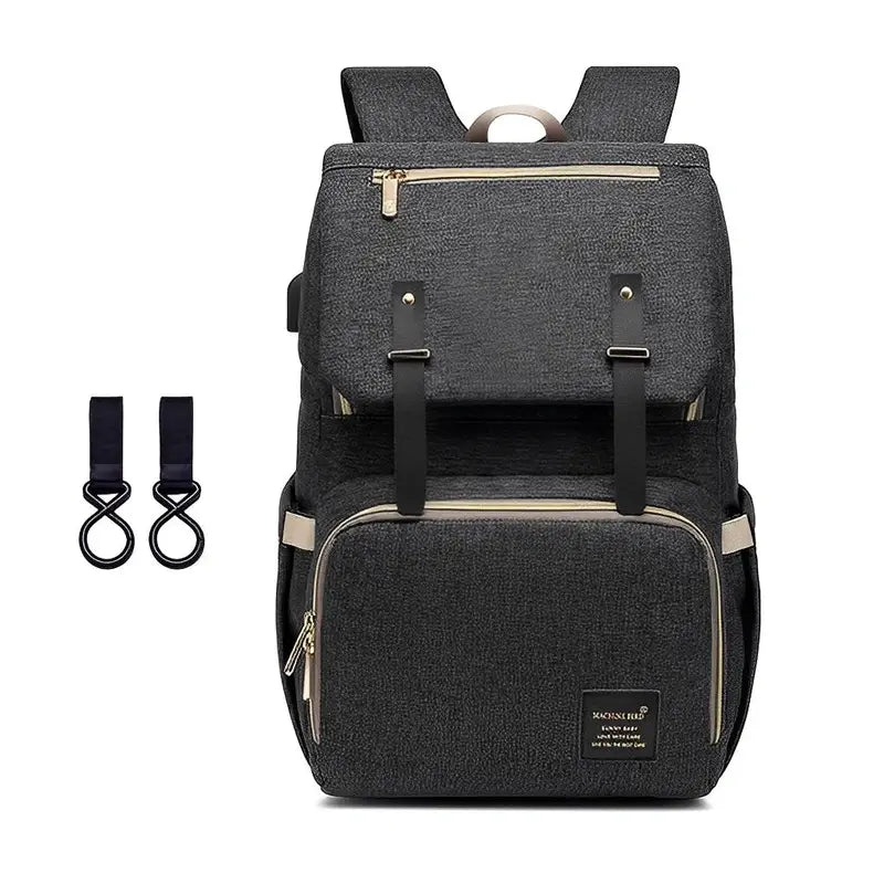 Sac à dos à langer Oxford noir avec port de chargement USB et attaches pour poussette