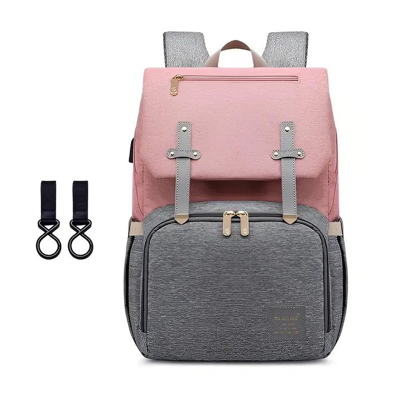 Sac à dos à langer Oxford rose et gris avec deux bandes pour poussette