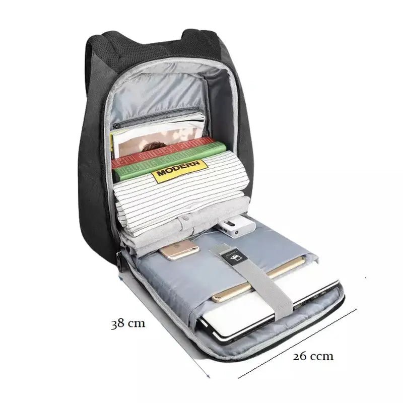 Sac à dos laptop noir ouvert avec plusieurs compartiments pour électronique, vêtements et livres