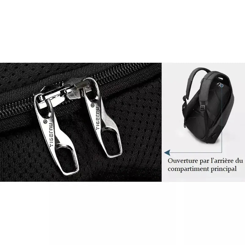 Sac à dos laptop noir avec compartiment principal accessible par l’arrière et fermetures en métal