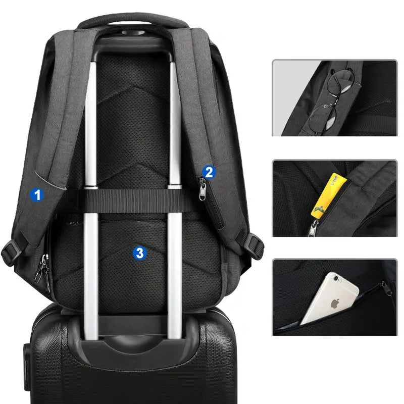 Sac à dos laptop noir avec plusieurs compartiments et sangle pour bagage