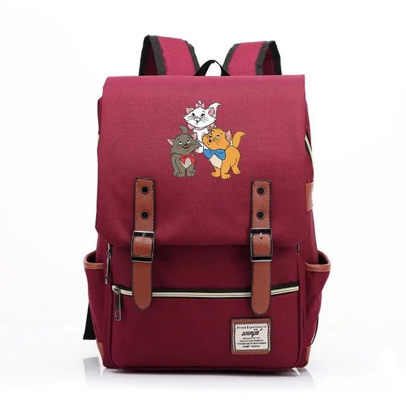 Sac à dos maternelle Disney Aristochats avec trois chats cartoons et bretelles en faux cuir marron