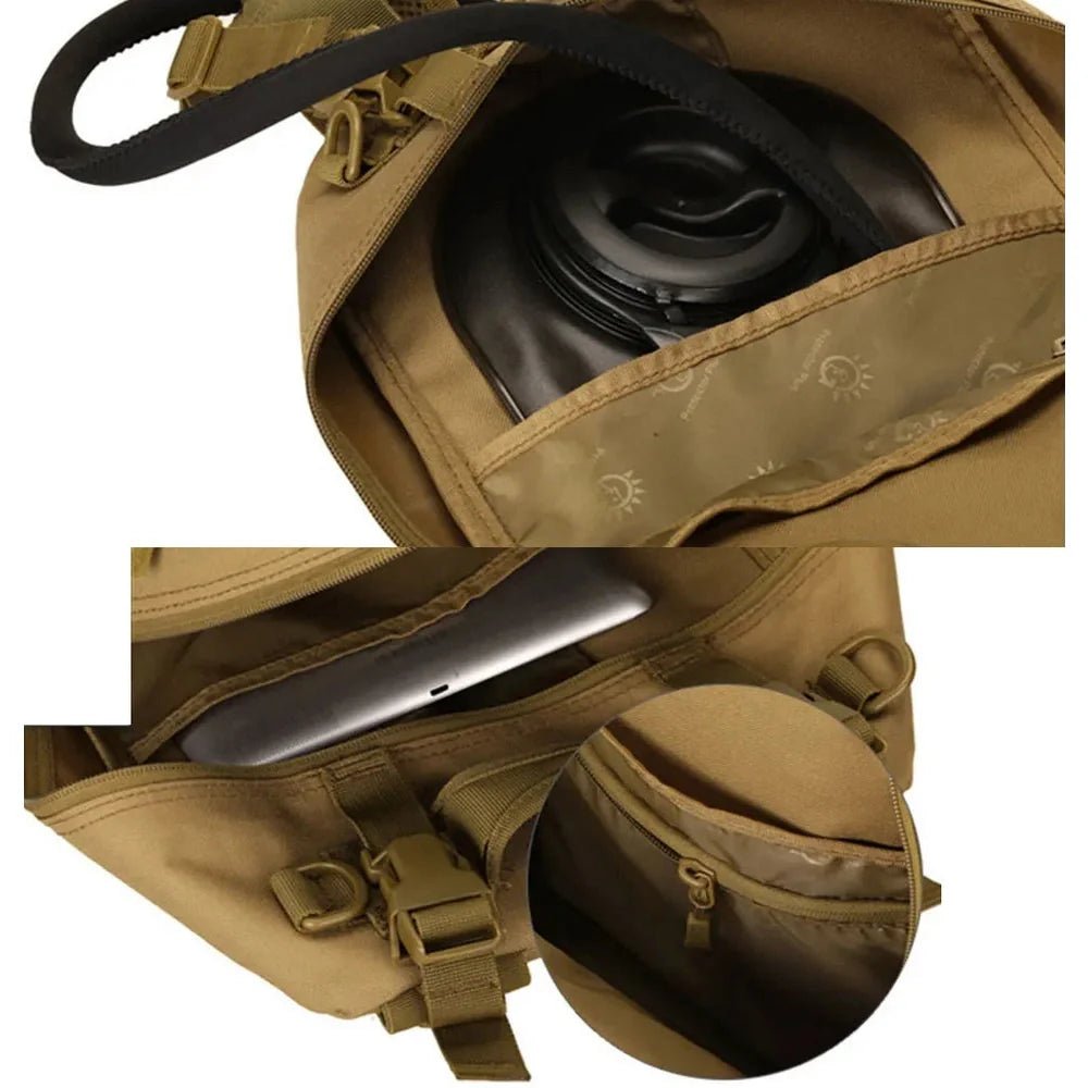 Sac à dos militaire 25L 1000D avec compartiments, poche zippée, et poche à hydration