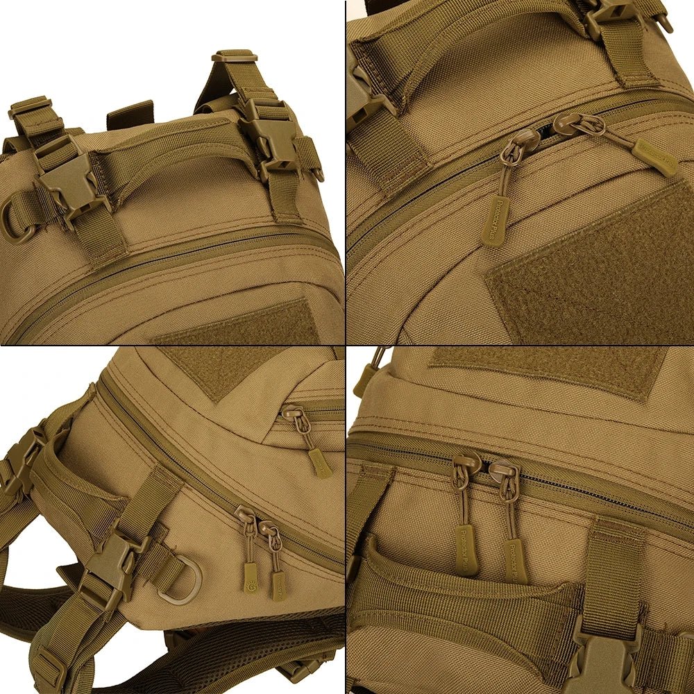 Détails en gros plan du sac à dos militaire 25L 1000D avec zippers, sangles et boucles